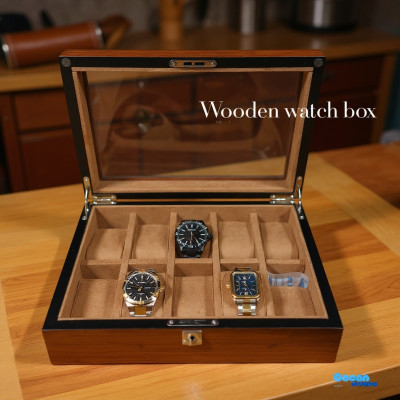 Classic Wooden Watch Box – 10-Slot Organizer with Glass Lid & Key Lock