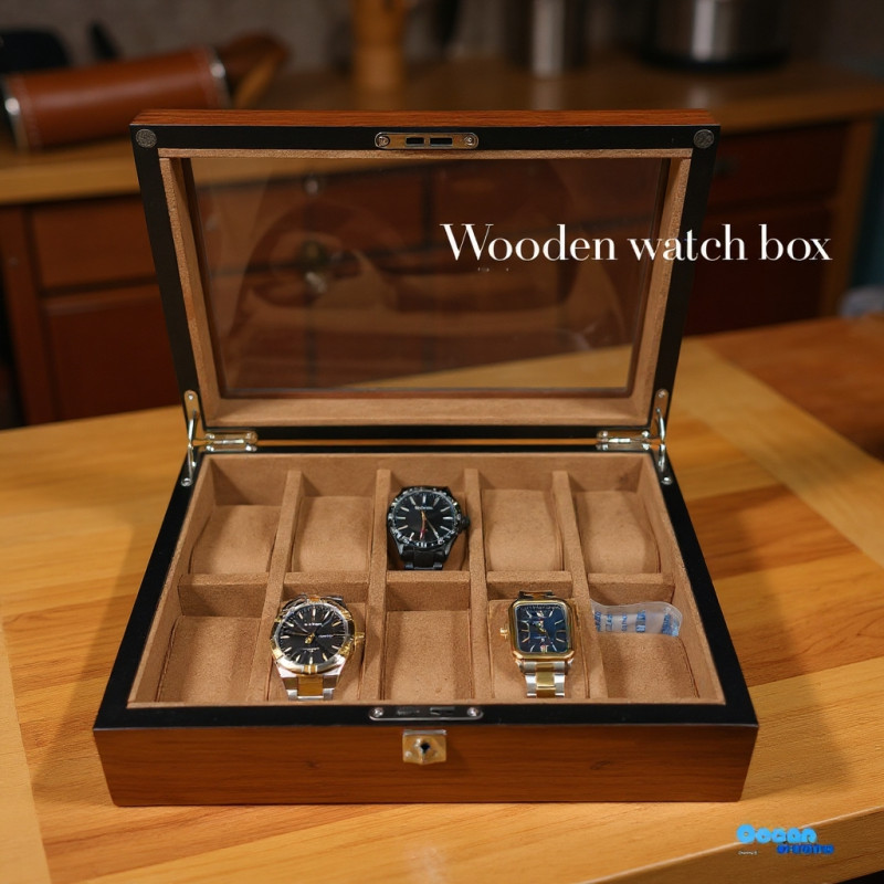 Classic Wooden Watch Box – 10-Slot Organizer with Glass Lid & Key Lock