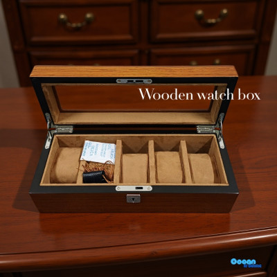 Classic Wooden Watch Box – 5-Slot Organizer with Glass Lid & Key Lock