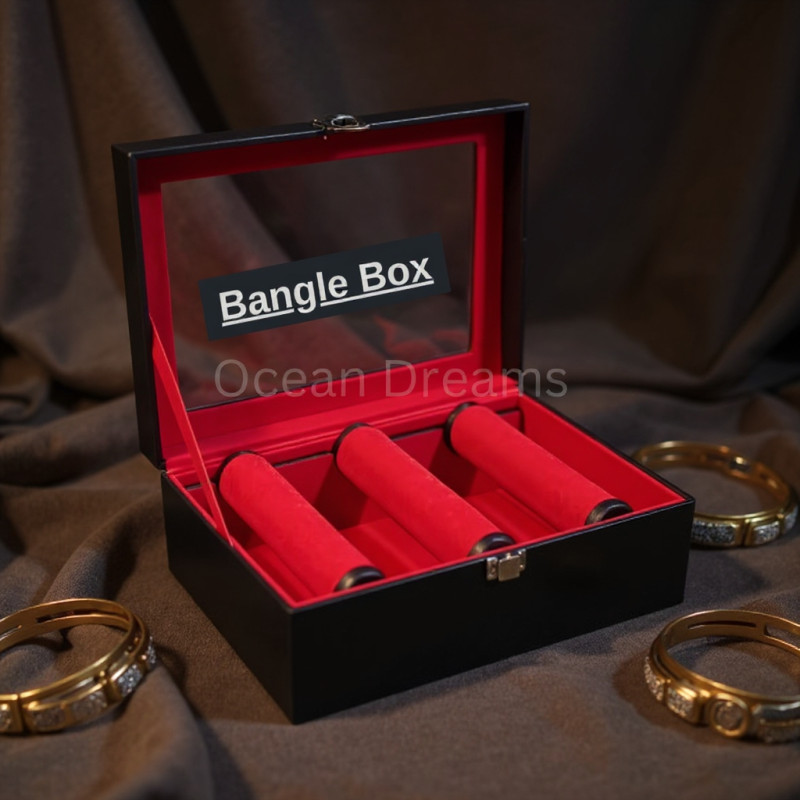 Premium 3 Roll Bangle Organizer Box – Velvet Interior & Glass Top (Red)