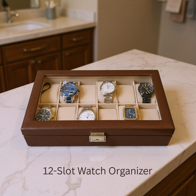 Premium Quality Brown PU Leather Watch Box – 12 Slot Luxury Organizer with Key Lock